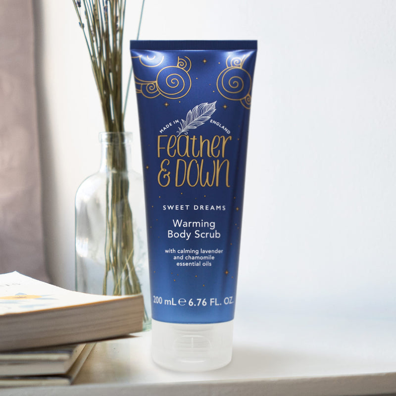 [Australia] - Feather & Down Warming Body Scrub (200ml) - With Calming Lavender & Chamomile Essential Oils. Exfoliates & Gently Warms Tired Muscles. Relieving Tensions from the day. 