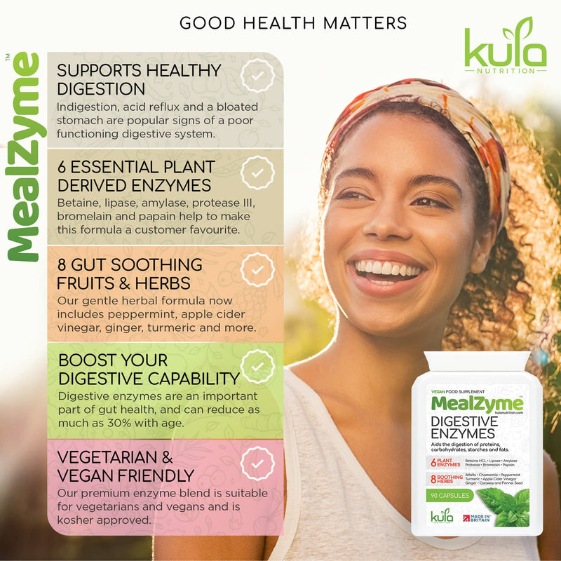 [Australia] - MealZyme - Digestive Enzyme Supplements - 6 Vegan Plant Based Complex with Bromelain, Betain HCL, Amylase, Protease, Lipase, Papain and Peppermint for Indigestion and Bloating Relief - 90 Capsules 90 Count (Pack of 1) 