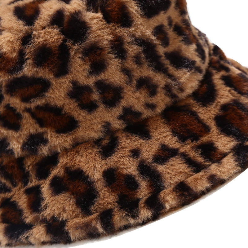 [Australia] - Umeepar Winter Faux Fur Bucket Hat Fluffy Warm Hat for Women Men Small Leopard Print Camel 