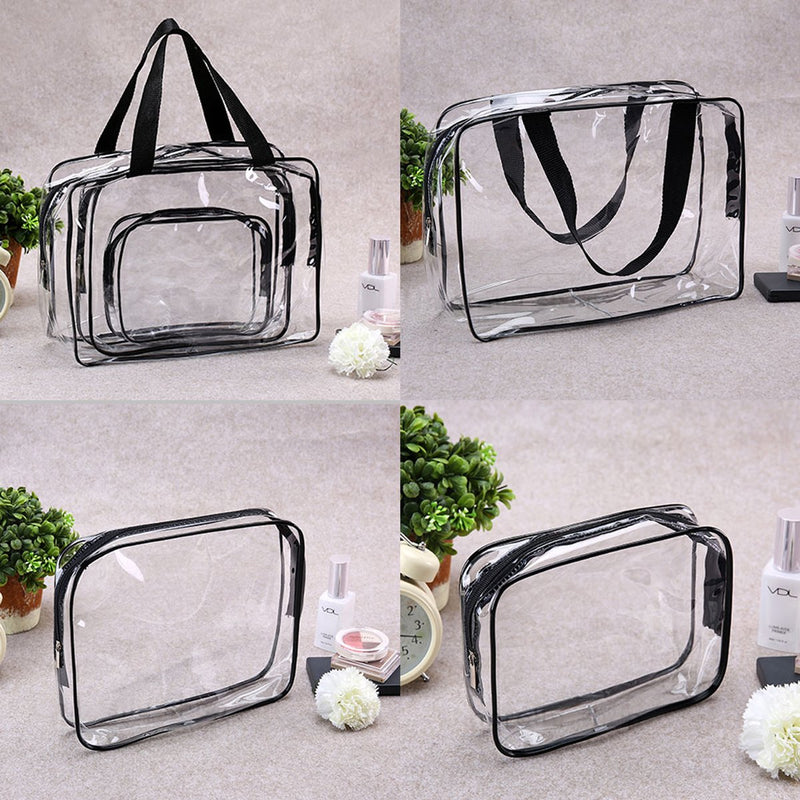 [Australia] - 3Pcs Crystal Clear Cosmetic Bag TSA Air Travel Toiletry Bag Set with Zipper Vinyl PVC Make-up Pouch Handle Straps for Women Men, Roybens Waterproof Packing Organizer Storage Diaper Pencil Bags Black 