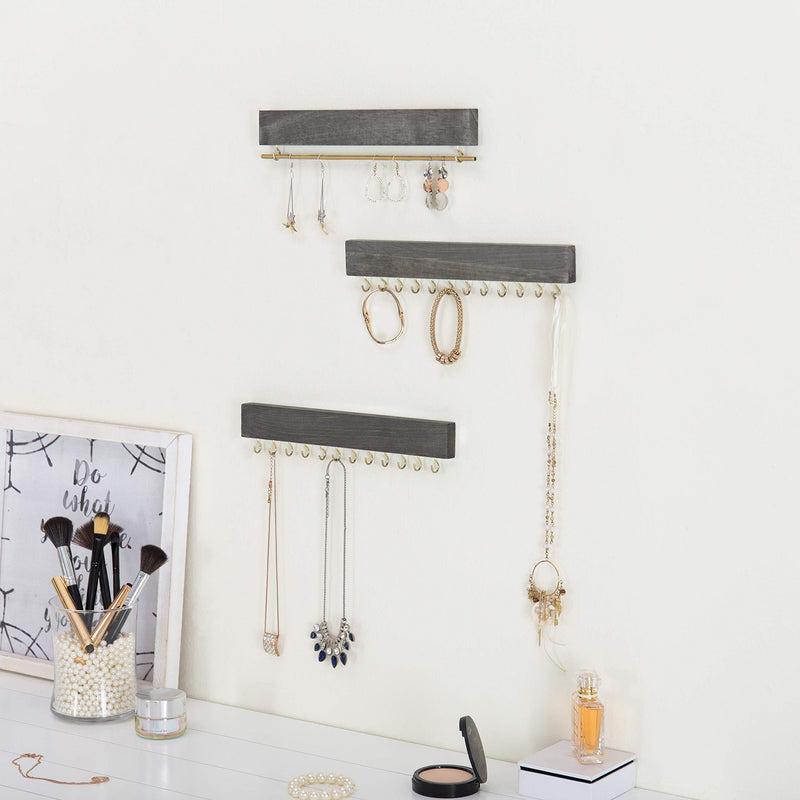 [Australia] - MyGift Vintage Gray Wood 3-Piece Wall-Mounted Jewelry Rack Set 