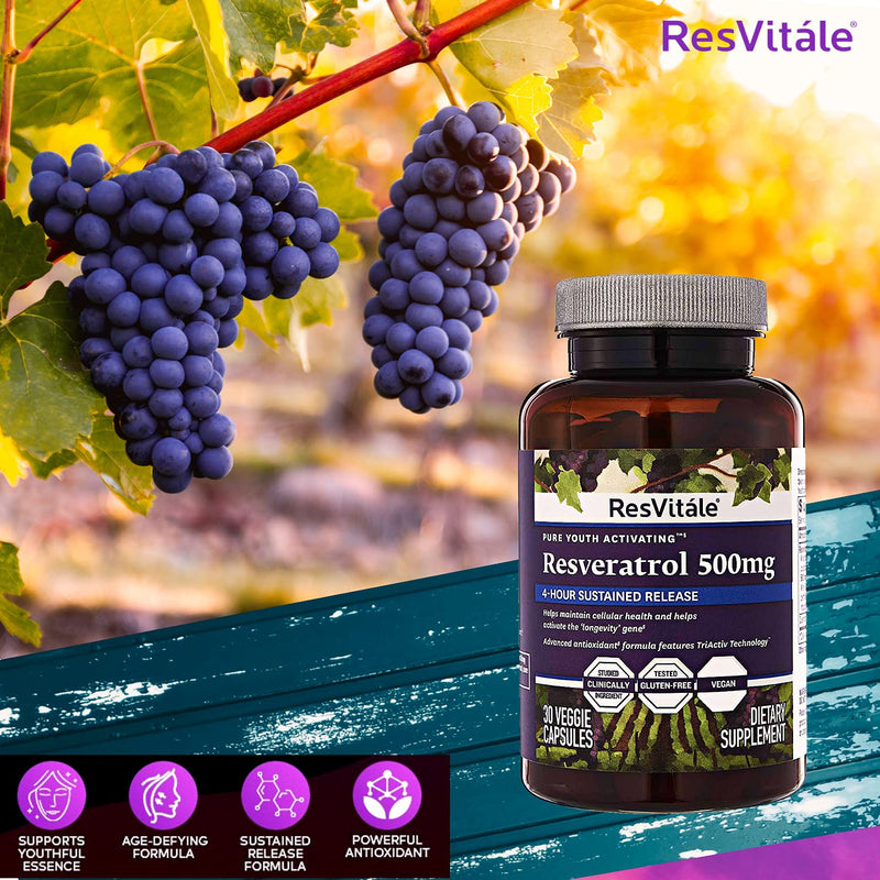 [Australia] - ResVitale Resveratrol 500mg - Anti Aging Skin Care Antioxidants Supplement for Heart Health & Daily Immune Support - Natural Trans Resveratrol Supplement with Grape Extract & Quercetin, 30 Veggie Caps 
