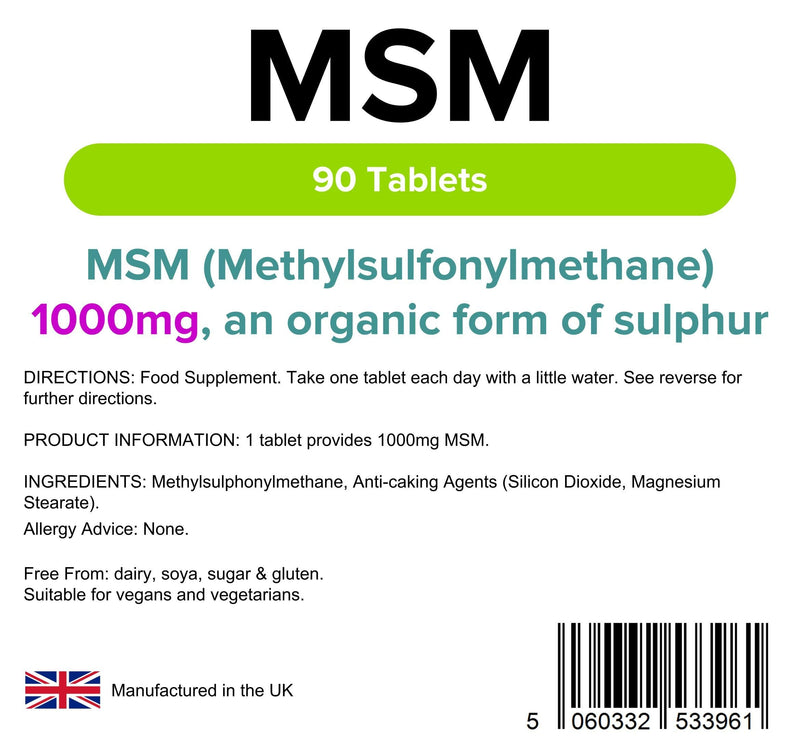 [Australia] - Lindens MSM 1000mg - 90 Vegan Tablets - Rich in Sulphur, Joint Support, Tissue, Joint Care Supplements | Natural Sulfur | (Methylsulfonylmethane) | (3+ Months Supply), UK Made, Letterbox Friendly 90 Count (Pack of 1) 