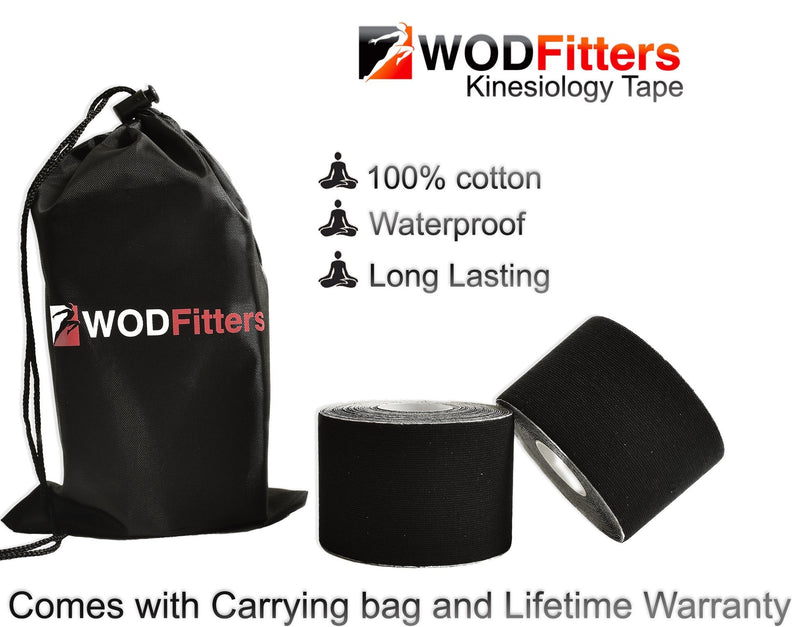 [Australia] - WODFitters Pro Kinesiology Tape for Athletes - Waterproof - Extra Durable - 2" x 16.5' Uncut Therapeutic Tape - 2 Black Rolls with Carrying Bag 