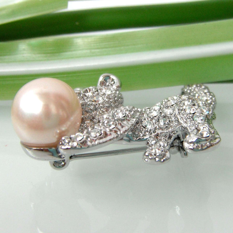 [Australia] - Navachi 18k Gold Plated Multi-Color Crystal Pearl Cat Brooch Pin White 