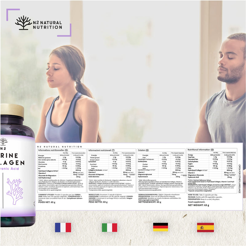 [Australia] - Marine Collagen with Hyaluronic Acid for Skin Care, Hair Care, Joints. Magnesium, Vitamin C. Hydrolysed Collagen Supplements. Anti Aging. Best Collagen PEPTAN. 90 Veggie Caps. EU. N2 Natural Nutrition 