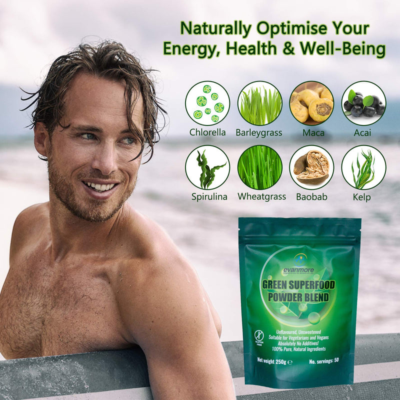 [Australia] - Super Greens Powder Blend - Vitamin Mineral Nutrient Rich - Immune System & Energy Boost - Vegan Vegetarian Superfoods Supplement Alkaline 100% Natural Gluten Free Detox- 250g 50 Servings, Evanmore 