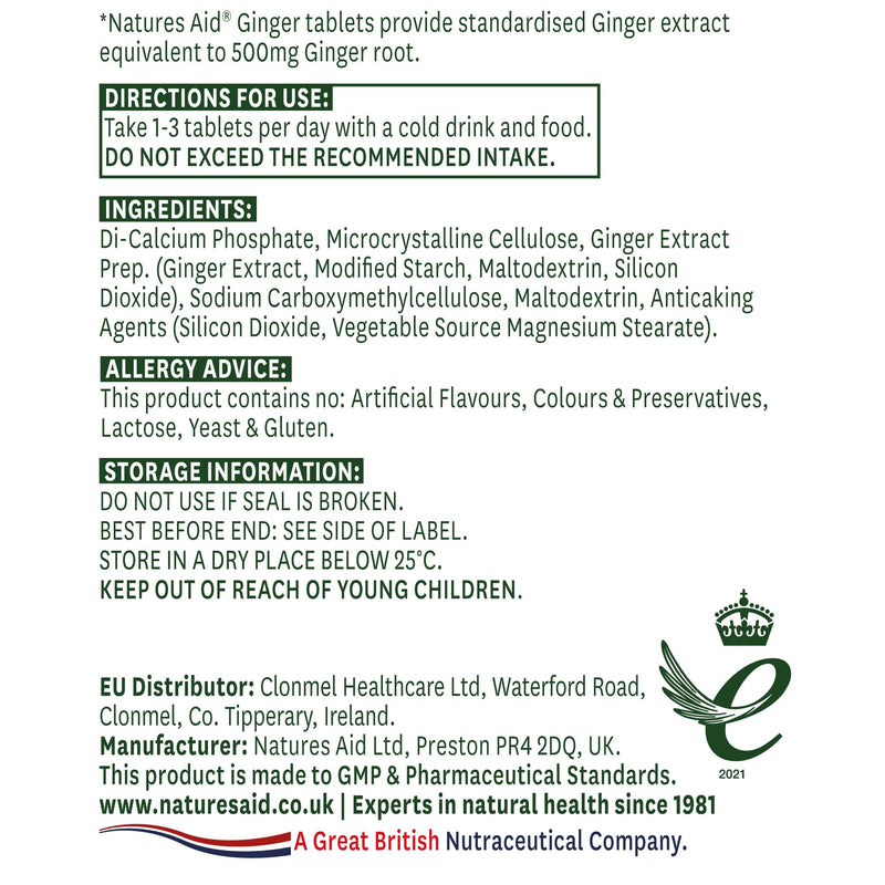 [Australia] - Natures Aid Ginger Root 500 mg 90 Tablets (Botanical Supplement, Providing Gingerols and Shogaols, Vegan Society Approved, Made in the UK) 