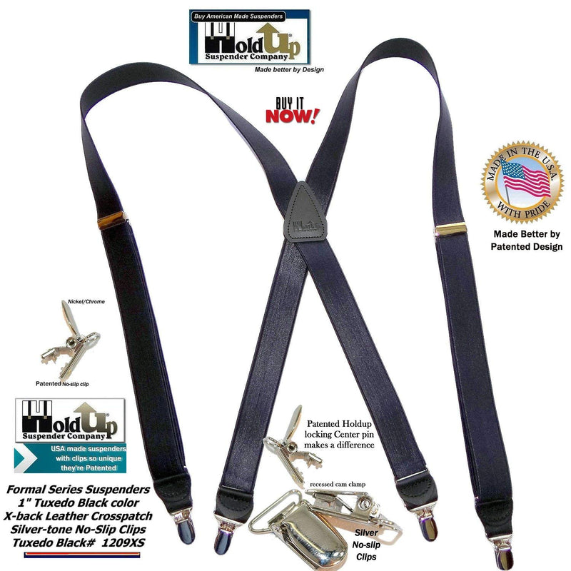 [Australia] - Tuxedo Black Formal Satin finish X-back 1" wide Holdup Suspenders with patented no-slip clips 