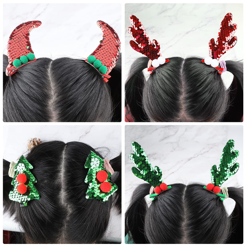 [Australia] - Christmas Hair Clip, 4 Pairs Christmas Hair Barrettes Glitter Sequins Christmas Antlers Hair Clips Red Green Xmas Hairpin Accessories for Women and Girls Christmas Party Festival Hair Decor 