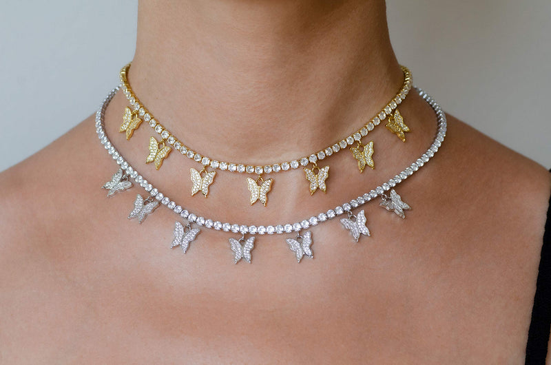 [Australia] - LAVLA Dainty Butterfly Choker Necklace - Gold/Rose Gold/Silver Plated 3mm Bling Iced Out Cubic Zirconia Tennis Chain With Butterfly Charm/Square CZ 14inch+2inch Silver/Butterfly 