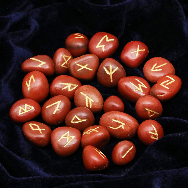 [Australia] - Crocon Red jasper tumbled Gemstone Engraved Rune Stones Set (25 Pcs) with Elder Futhark Alphabets & 1 Pendulum Meditation healing set Size: 15-20 mm 