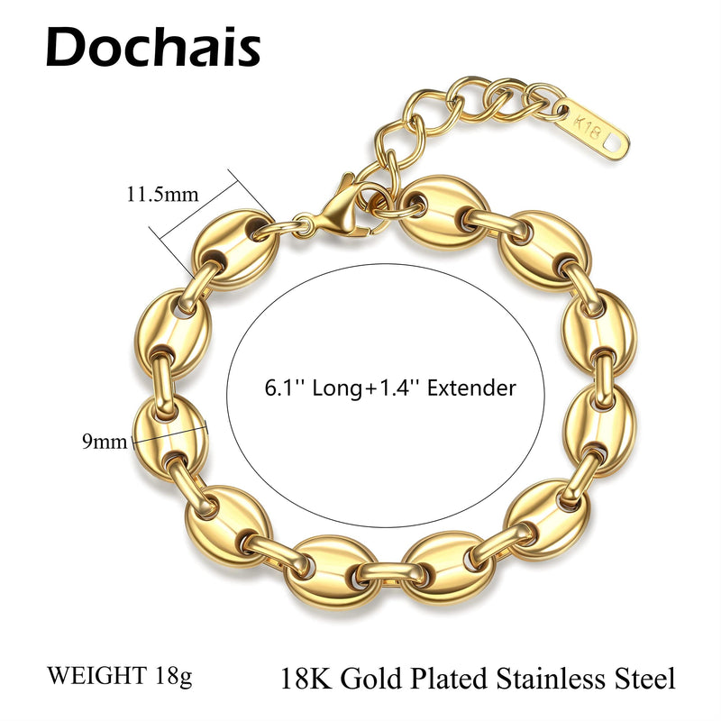 [Australia] - Dochais 18K Gold Plated Chain Bracelet for Women, Twisted Double Rope Chain/ Coffee Bean Chain/ Paperclip Oval Link/ U Chain Handmade Bracelet for Women Girls A: Chunky Coffee Bean Chain 