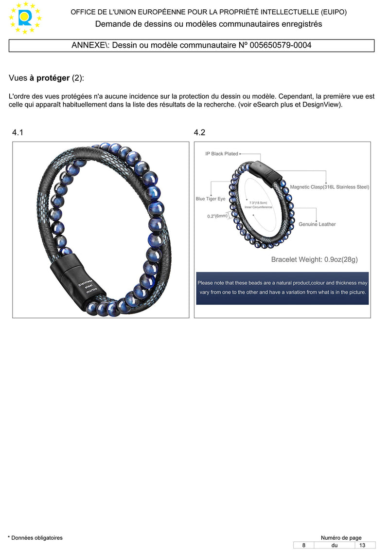 [Australia] - murtoo Mens Bead Leather Bracelet, Natural Bead, Steel and Leather Bracelet for Men blue,black 