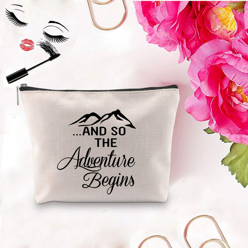 [Australia] - PXTIDY And So The Adventure Begins Makeup Bag Graduation Gift Cosmetic Bag New Job Farewell Divorce Congratulations New Adventure Gifts for Women, Friend, Sister, Coworker (beige) beige 