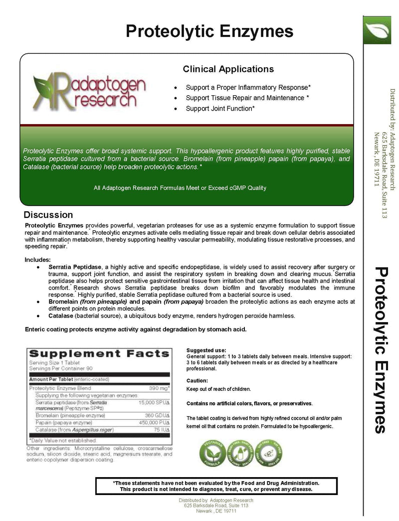 [Australia] - Proteolytic Enzymes Broad Systemic Support | Vegetarian Blend with Serratia Peptidase & Bromelain for Digestion, Sourced from Papaya & Pineapple | 90 Enteric Coated Tablets | Adaptogen Research 