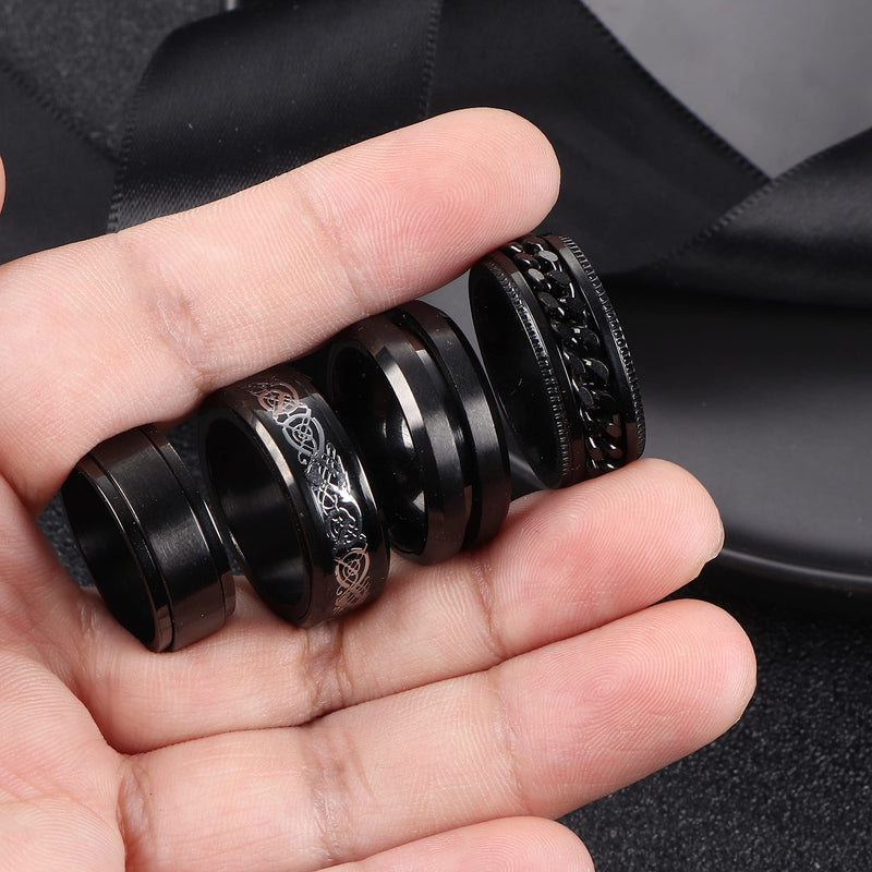 [Australia] - Subiceto 4Pcs Black Spinner Fidget Rings for Men Women Stainless Steel 8MM Wide Cool Ring with Chain Inlaid Band Ring Set for Anxiety Stress Relieving Wedding Promise Size 7-13 