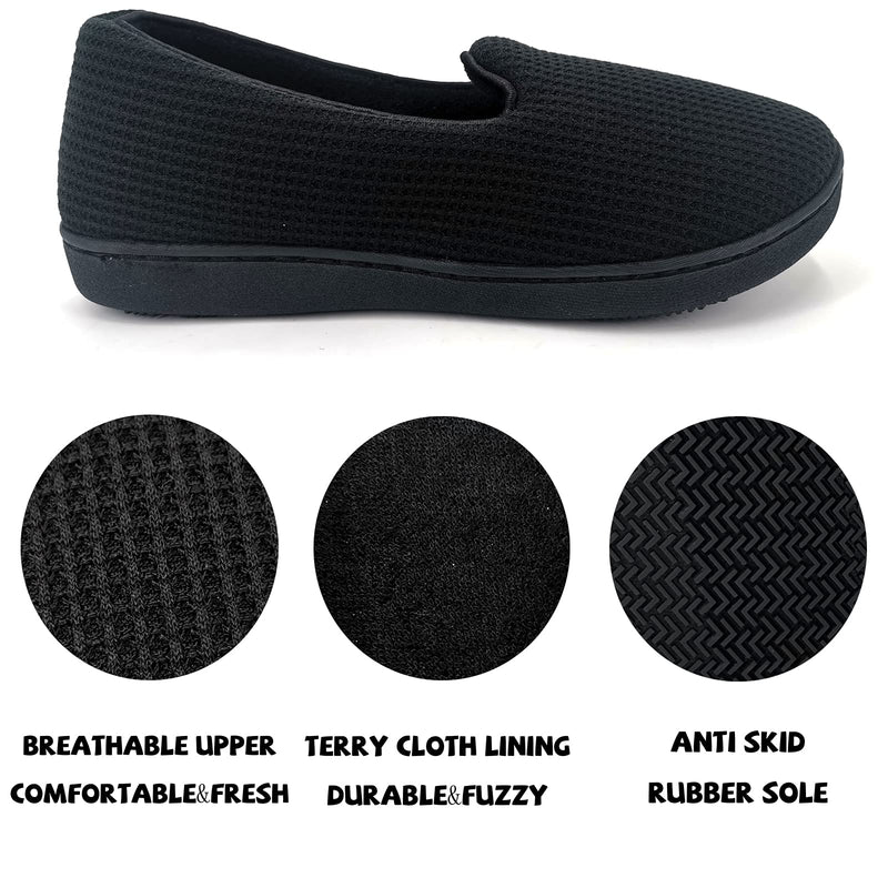 [Australia] - ofoot Womens Memory Foam Knit Cotton Waffle House Slippers with Back Indoor Slip On Shoes Lightweight Washable Terry Cloth Lining Non Slip Rubber Soles 6.5/7 UK Black 