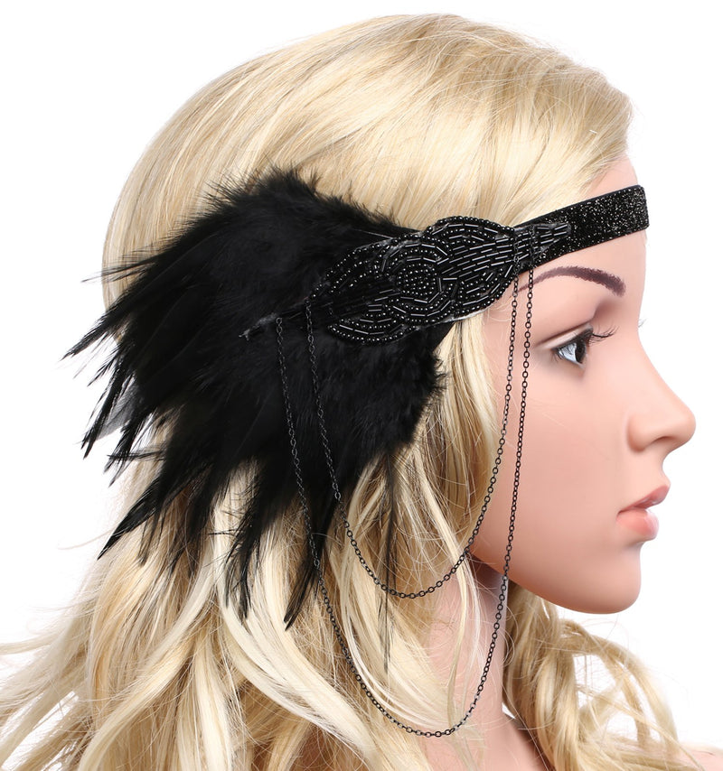 [Australia] - BABEYOND 1920s Flapper Headband Roaring 20s Great Gatsby Headpiece Beaded Black Feather Headband 1920s Flapper Gatsby Hair Accessories 