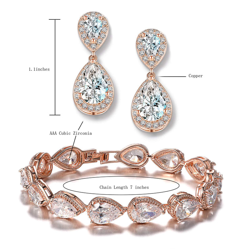 [Australia] - UDORA Teardrop Dangle Earrings Bracelet Bridesmaid Jewelry Set Bridal Wedding Party Prom Gifts Rose Gold 