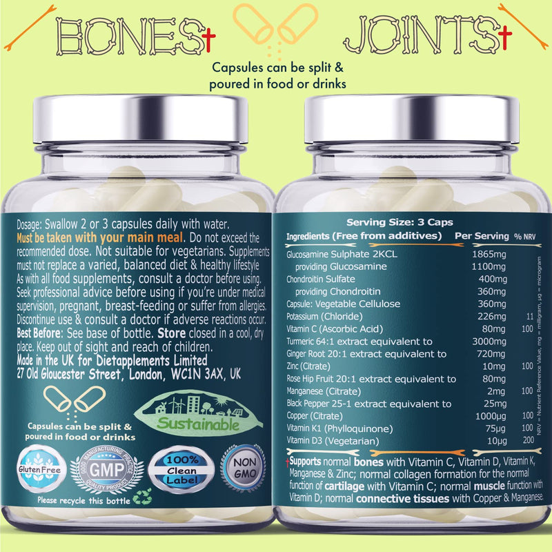 [Australia] - Glucosamine & Chondroitin complex – 180 High Strength Capsules – Turmeric, Ginger, Black Pepper, Rosehip, Vitamin C, Vitamins D & Vitamin K, Zinc, Manganese and Copper & Potassium for bones and joints 