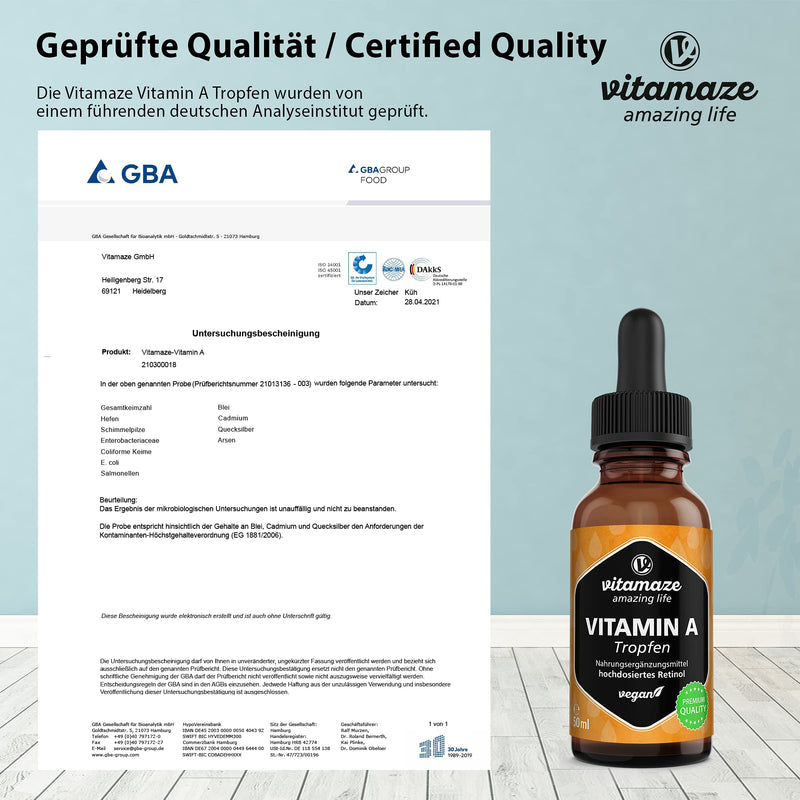 [Australia] - Vitamin A Drops 5000 IU High Strength per Daily Dose, Retinol Liquid & Vegan, 50 ml (1700 Drops), Natural Food Supplement Without Additives, High Bioavailability 