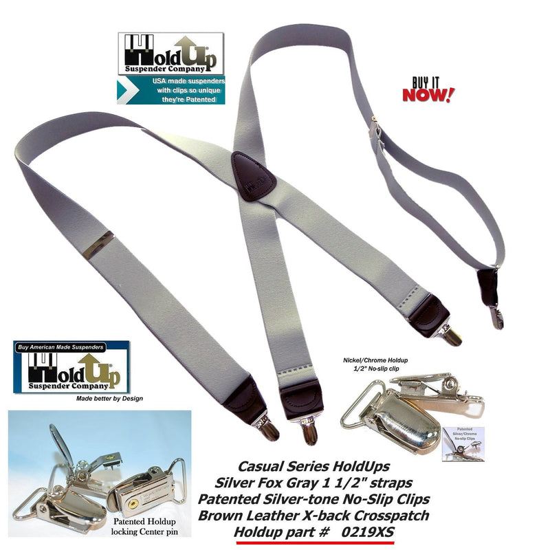 [Australia] - HoldUp Brand Silver Fox Gray X-back Suspenders are 1 1/2" Wide with patented No-slip Silver-tone Clips 