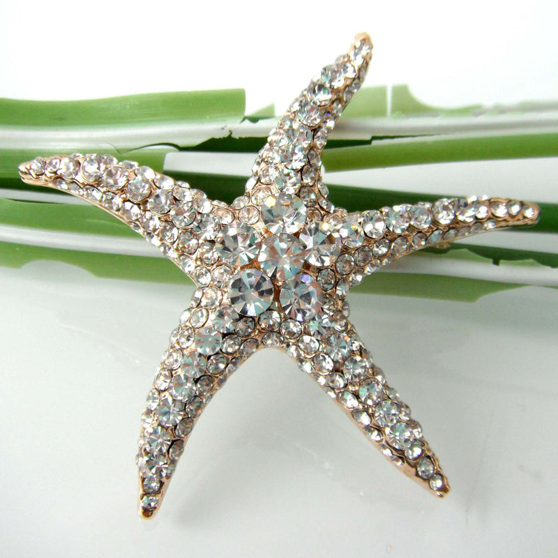 [Australia] - Navachi 18k Gold Plated Multi-Color Crystal Big Sea Star Starfish Brooch Pin White 