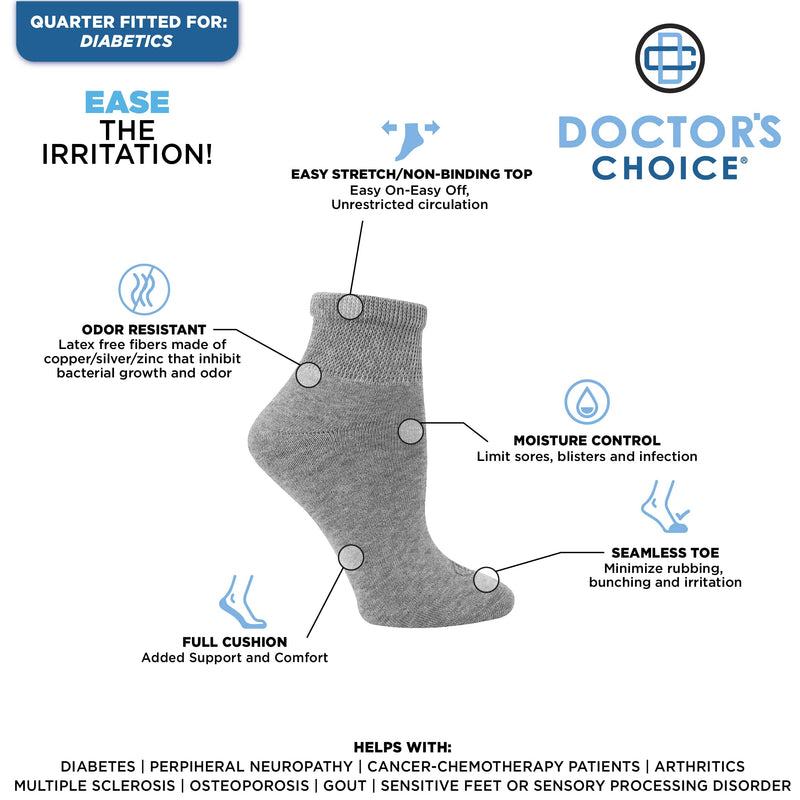 [Australia] - Doctor's Choice Diabetic Socks for Men, Seamless Crew Socks with Non-Binding Top, 4-Pairs, Large 10-13 & X-Large 13-15 Grey/Quarter Large (4 Pair) 