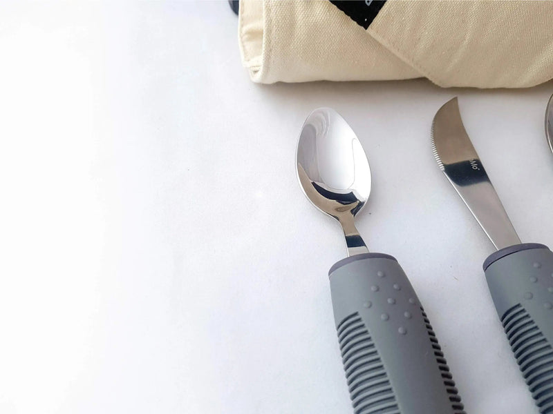 [Australia] - BunMo Adaptive Utensils for Elderly/Arthritis/Weak Hand Grip & Handicapped - Convenient Travel Pouch (4 Piece Set) 4 Piece Set 