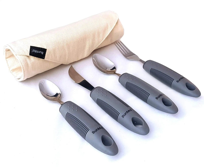 [Australia] - BunMo Adaptive Utensils for Elderly/Arthritis/Weak Hand Grip & Handicapped - Convenient Travel Pouch (4 Piece Set) 4 Piece Set 