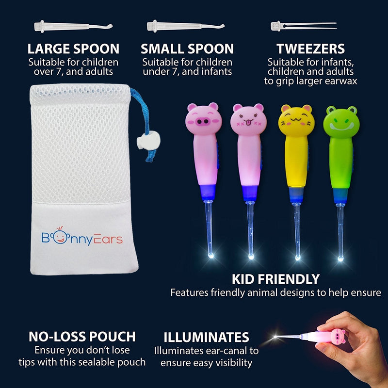 [Australia] - Ear Wax Removal Tool with Led Light for Kids - Toddlers, Infants, Baby and Adult by BonnyEars | Stainless Steel Earwax Remover Kit | Ear Pick Spoon Curette Tweezers Cleaning 