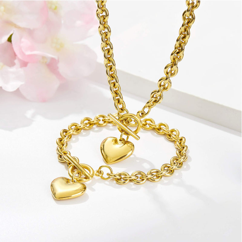 [Australia] - W/W Lifetime Heart Chain Necklace + Heart Bracelet for Women Girls Love Charm Toggle Chain Jewelry Set Stainless Steel 18K Gold/Silver Valentines Gifts 18" necklace+8" bracelet 