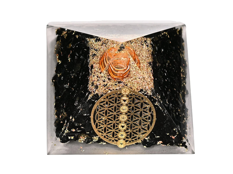[Australia] - Large Orgone Pyramid | Black Tourmaline Pyramid Crystal | Chakra Flower of Life Orgonite Pyramid | Organ Pyramids Positive Energy Healing Flower of Life - 7 Chakra 