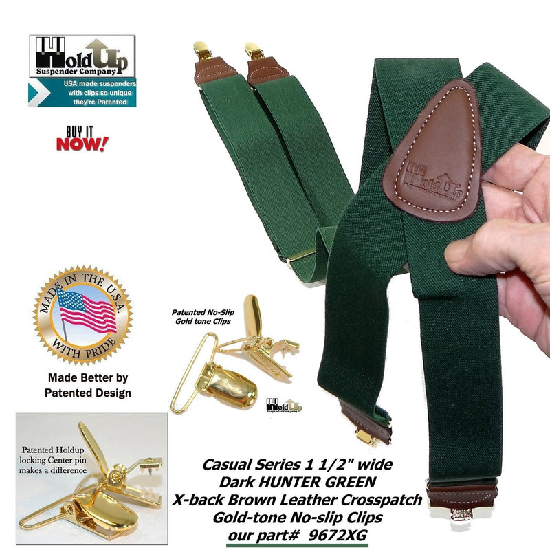 [Australia] - Holdup Suspender Company's Dark Hunter Green Men's Clip-On Suspenders with X-Back Style and Gold No-slip Clips 