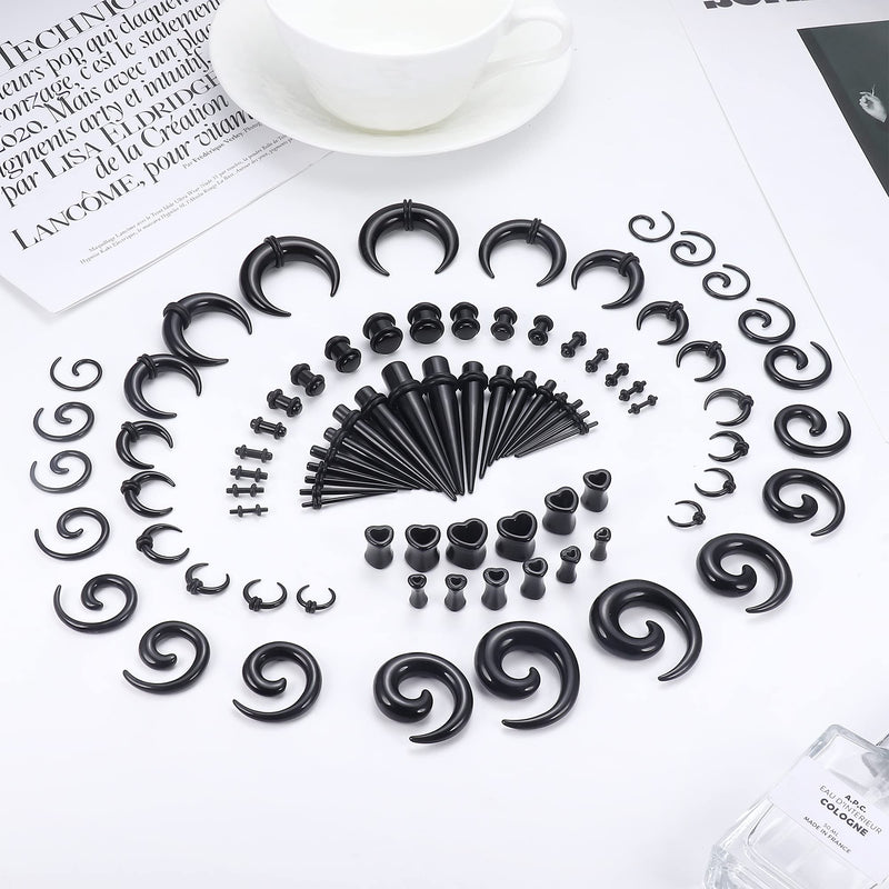 [Australia] - Magitaco 84 PCS Ear Stretching Kit Ear Gauges Expander Set Acrylic Tapers and Plugs Silicone Tunnels Horseshoes Taper Spiral Tapers Gauges for Ears Black Stone 
