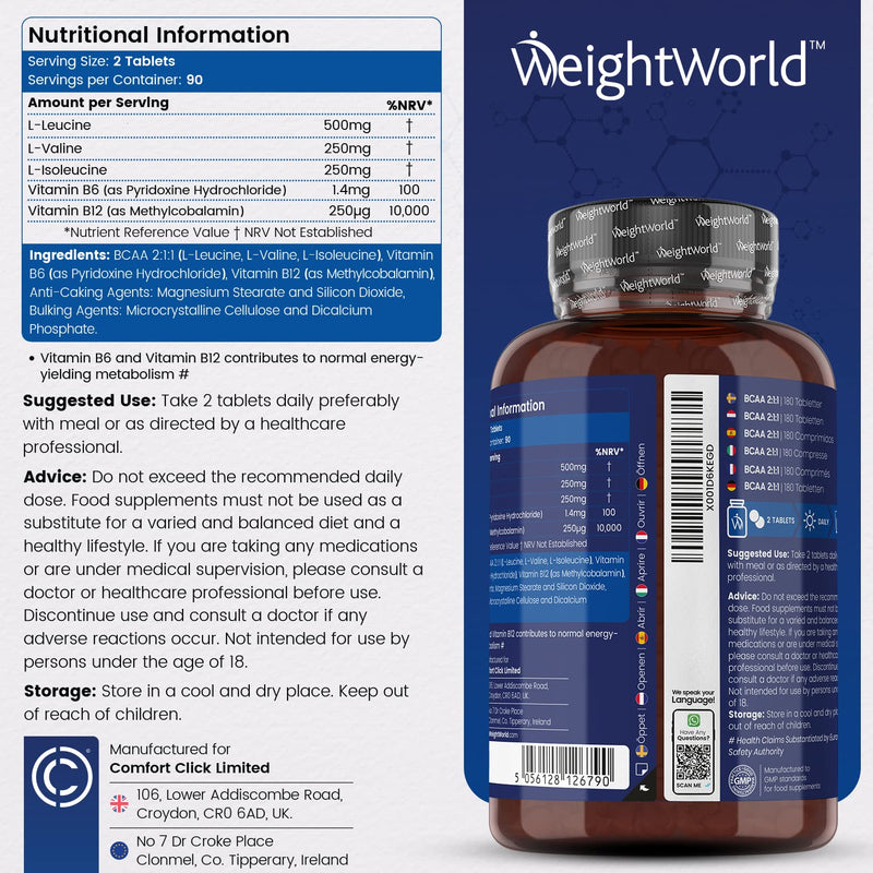 [Australia] - BCAA Tablets 1000mg - 180 Tablets (3 Months Supply) - 2:1:1 Branched Chain Amino Acid Supplement - Pre Workout Supplement for Men & Women - Vegan BCAA Supplement with Vitamins B6 & B12 - UK Made 