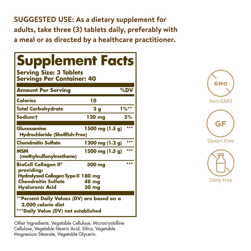 [Australia] - Solgar Glucosamine Hyaluronic Acid Chondroitin MSM, 120 Tablets - Supports Healthy Joints - Supports Range of Motion & Flexibility - Extra Strength, Shellfish Free - Non-GMO, Gluten Free - 40 Servings 120 Count (Pack of 1) 