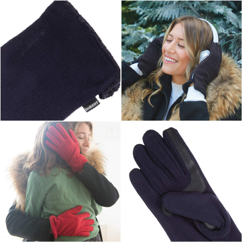 [Australia] - isotoner Women's Stretch Fleece Gloves with Microluxe and Smart Touch Technology One Size Black - Smartdri 