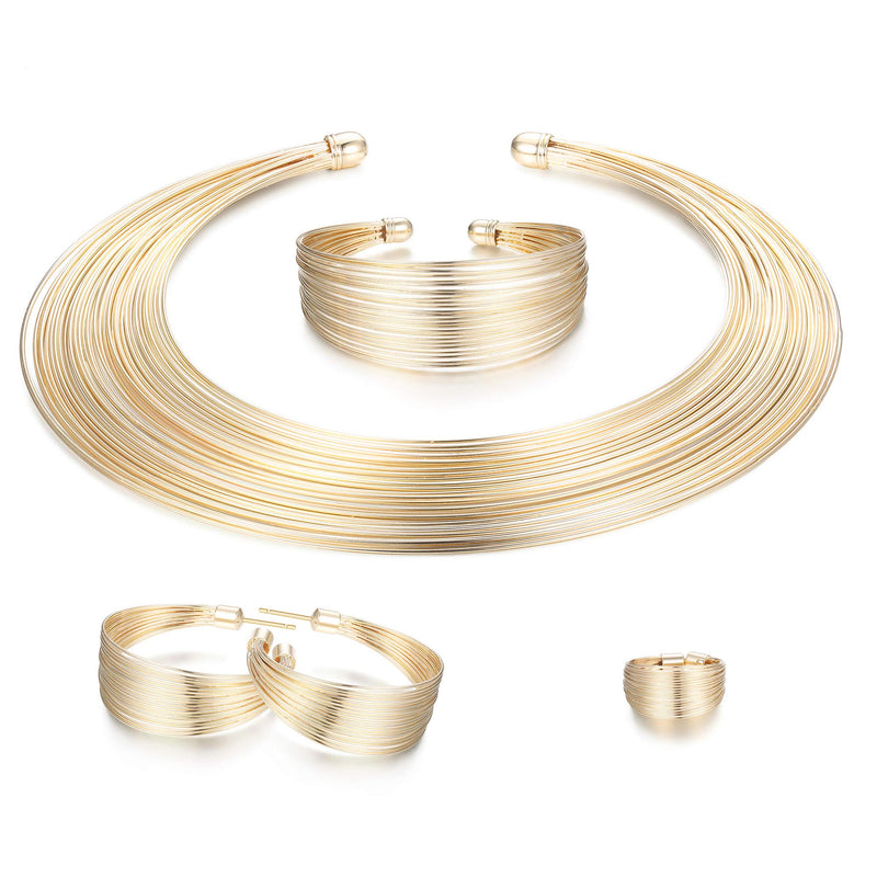 [Australia] - ORAZIO Bib Choker Statement Necklaces for Women Cuff Bracelet Open Hoop Stud Earrings Ring African Chunky Costume Jewelry Set A:Gold Tone 
