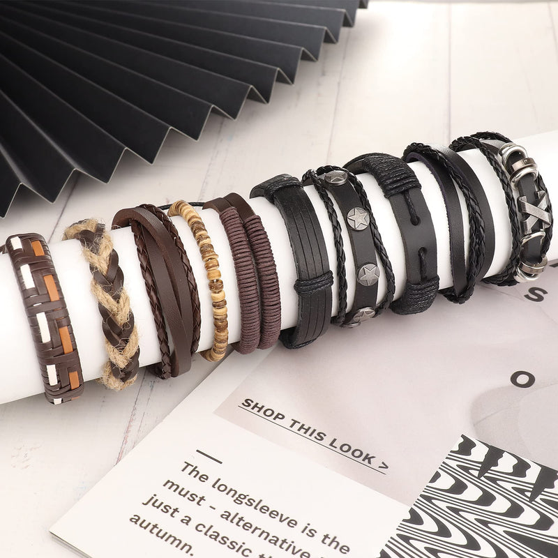 [Australia] - Florideco 30 Pcs Punk Braided Leather Bracelets for Men Women Cuff Wrap Bracelet Set Black and Brown Woven Rope Wristbands Bracelet Adjustable Hemp Cords Wood Beads Ethnic Tribal Bracelets 