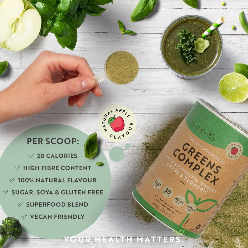 [Australia] - Super Greens Powder Complex - Natural Apple Flavour - Premium Superfood Powder Blend with Spirulina, Barley Grass and Turmeric - High Fibre, Vegan Friendly, and GMO Free - Made in The UK by Nutravita 