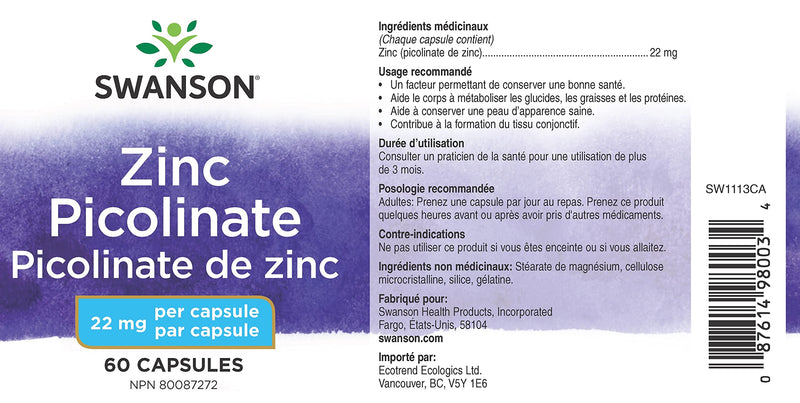 [Australia] - Swanson Zinc Picolinate - Mineral Supplement Promoting Prostate Health, Vision Health, & Immune Support - Body Preferred Form of Chelated Zinc - (60 Capsules, 22mg Each) 1 