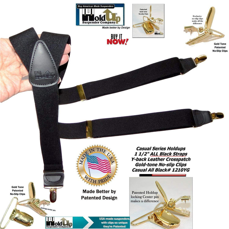 [Australia] - Holdup Casual Series All Black Casual Series Holdup Y-back Suspenders with Gold-tone No-slip Clips 