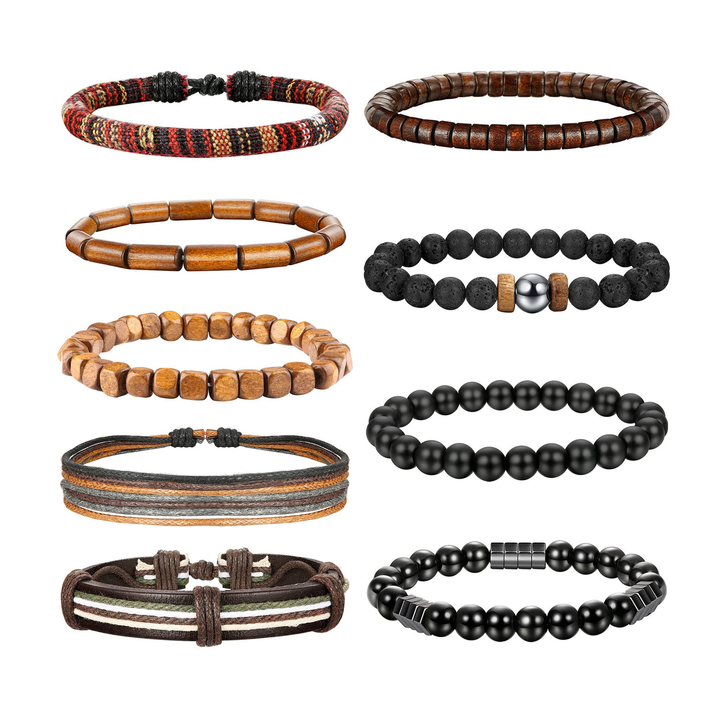 FIBO STEEL 8-9 Pcs Braided Leather Bracelets for Men Women Wrap Tiger Eye  Lava Rock Beads Bracelet Woven Ethnic Tribal Rope Wristbands Bracelets Set  Adjustable 9 Pcs black magnet