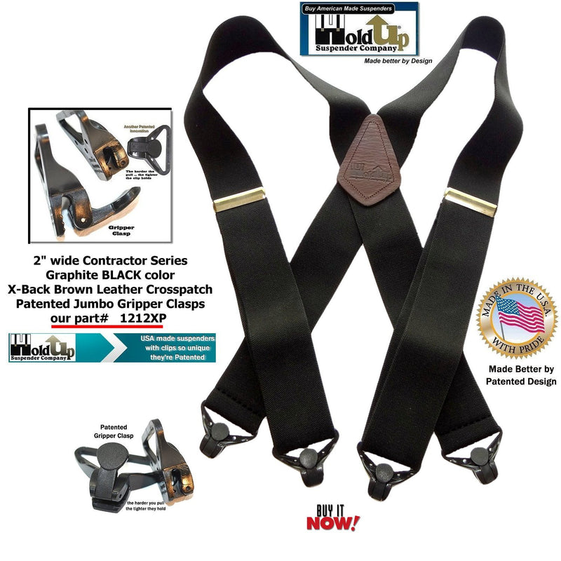 [Australia] - Holdup X-back Heavy Duty 2" Wide Graphite Black Suspenders with Patented jumbo Gripper Clasps 