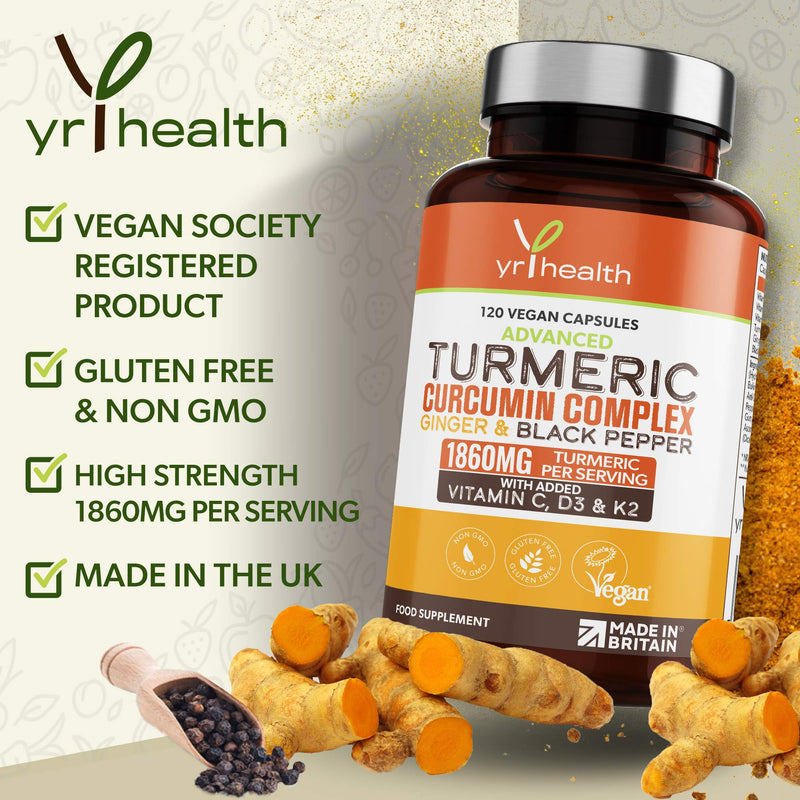 [Australia] - Turmeric Capsules High Strength 1860mg with Black Pepper, Ginger, Vitamin C & D for Immune System & Joints Plus K2 Mk7 - 120 Vegan Capsules Premium Turmeric Curcumin – Made in The UK by YrHealth 