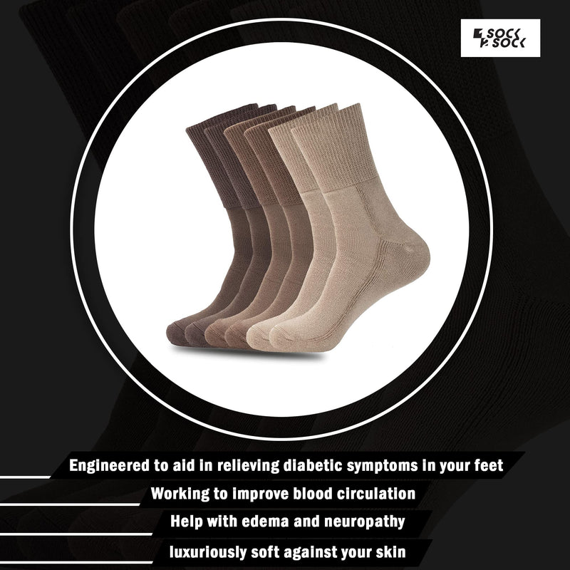 [Australia] - 1SOCK2SOCK Unisex 6 Pack Diabetic Organic Cotton Bamboo Crew Socks - Therapeutic, Non-Binding, Cushioning Brown Medium 