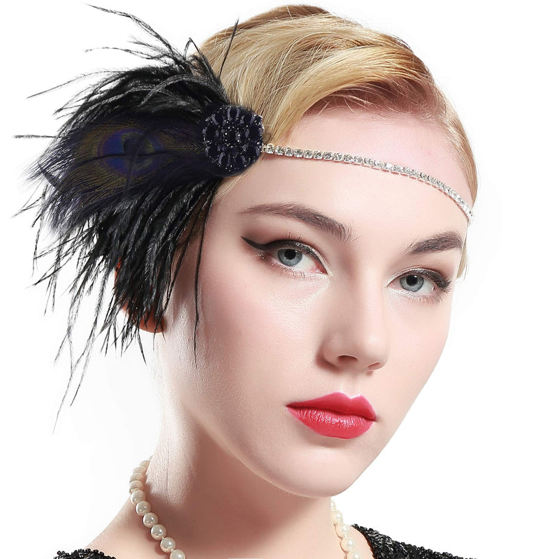 [Australia] - BABEYOND Vintage 1920s Flapper Headband Roaring 20s Great Gatsby Headpiece with Feather 1920s Flapper Gatsby Hair Accessories Black 