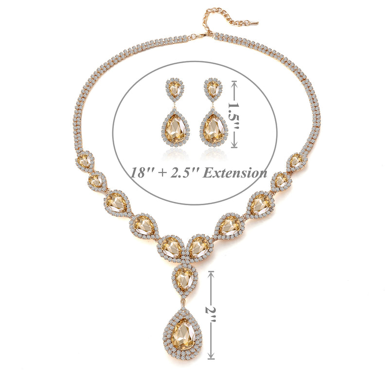 [Australia] - Paxuan Womens Silver / Gold Plated Teardrop Crystal Wedding Bridal Jewelry Set Pendant Necklace Drop Dangle Earrings Set Gold Plated Champagne Crystal 